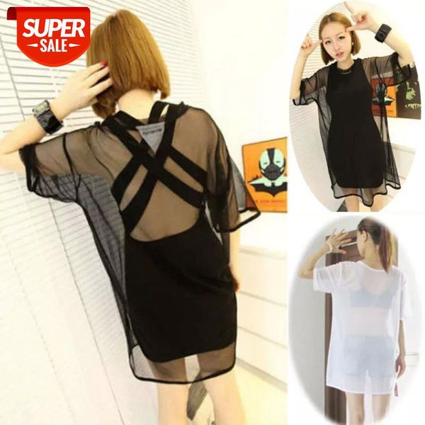 

womens transparent see-through long t-shirt mesh sheer t-shirt female summer o-neck solid shirts #wi7n, White
