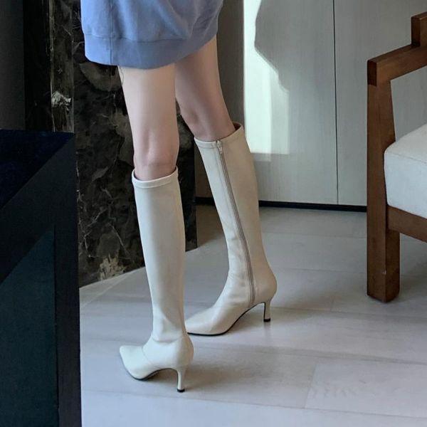 

eshtonshero shoes woman knee high boots pointed toe leather+pu thin high heel zipper arrivals ladies woman boots size 3-8, Black