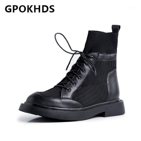 

gpokhds 2021 women ankle boots cow leather winter short plush round toe knitted lace-up med heels female riding boots size 401, Black