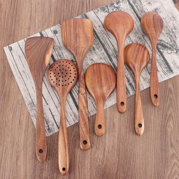 

natural wood spoon ladle rice long handle spoon soup cooking spoon teak wood colander skimmer scoop wooden kitchen utensils h jllvgn