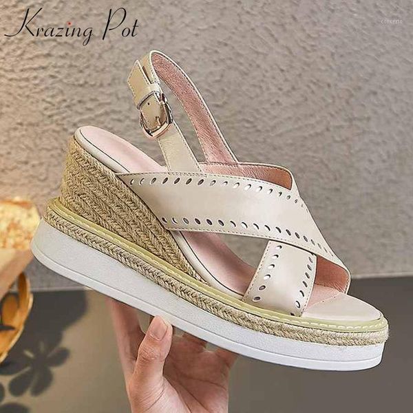

krazing pot cow leather peep toe platform buckle straps women high heels princess hollow decoration wedges platform sandals l071, Black