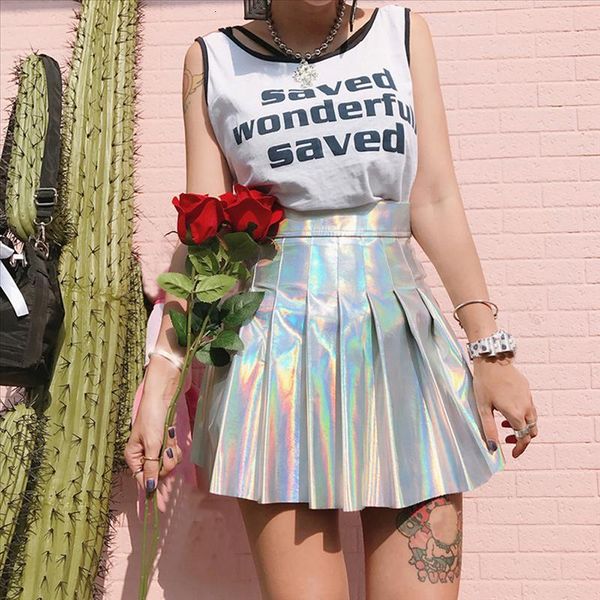 

holographic pleated skirts women pu solid harajuku casual laser hight waist micro mini short skirts women rainbow#5%, Black
