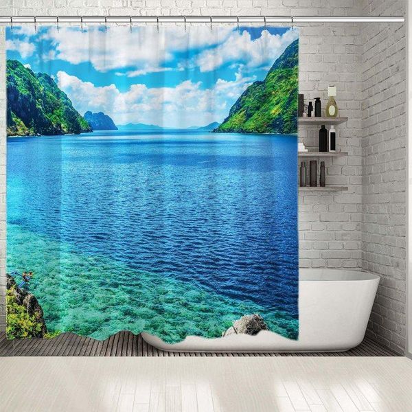 

shower curtains curtain scenic view of sea bay and mountain islands palawan philippines exotic landscape green blue