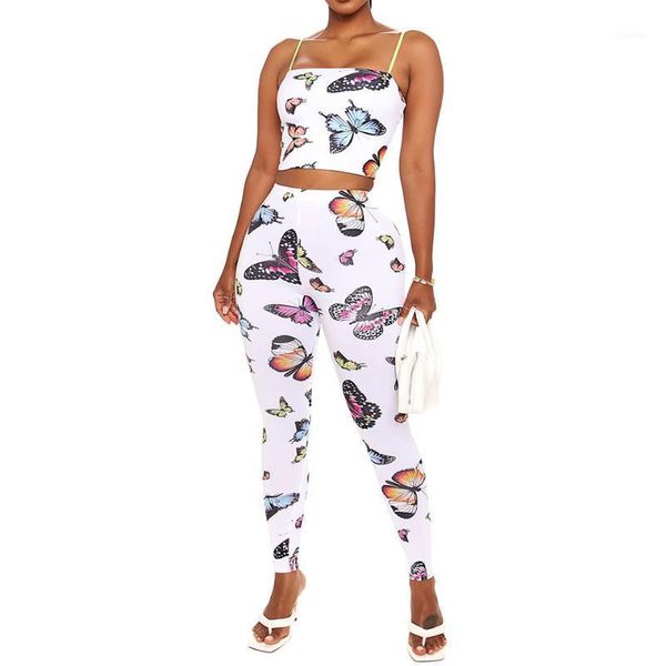 

women's tracksuits womens 2 piece outfits butterfly printed spaghetti strap crop and bodycon long pant sets1, Gray