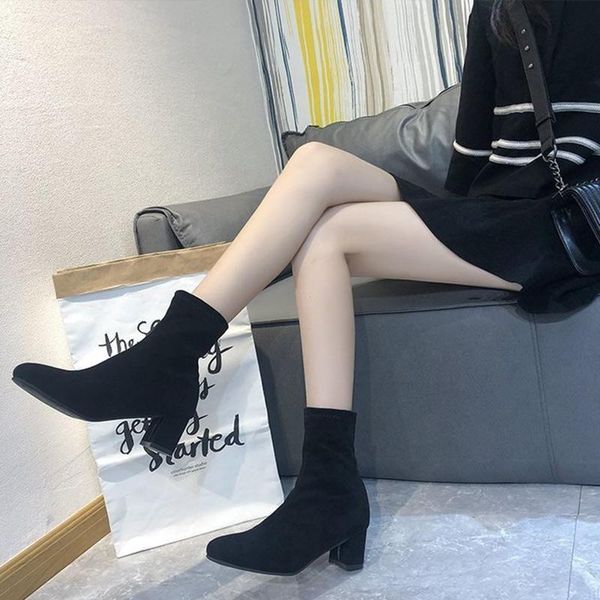 

women black short botas ankle boots ladies fashion shoes slip on square heels flock comfortable female slip-on 2020 new hot