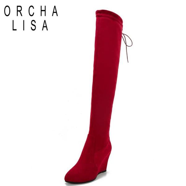

orcha lisa over the knee boots new arrival women's boots pointed toe wedges zipper flock cross-tied fashion casual botas a764, Black