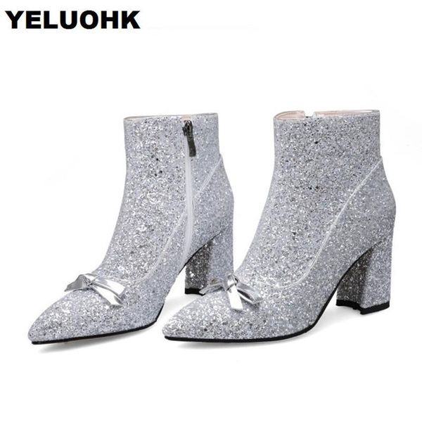 

boots 2021 glitter shoes women ankle high heels pointed toe autumn fashion ladies, Black