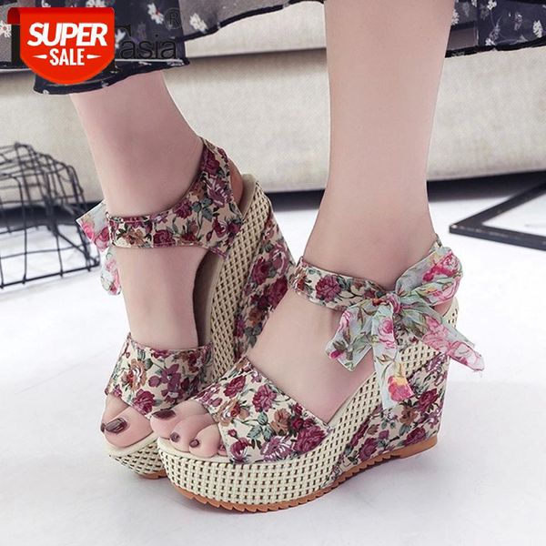 

doratasia new ladies bowtie wedges high heels sandals 2020 party wedding sandals women fashion flower print summer shoes woman #mx07, Black