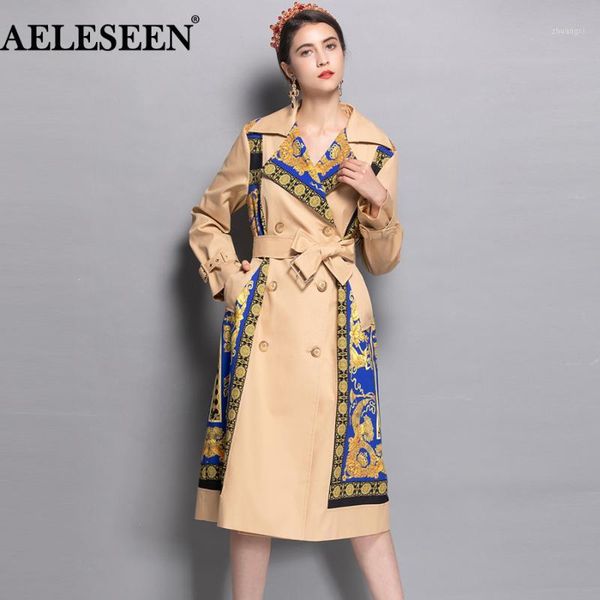 

aeleseen 2018 women's fashion trench new fall winter full sleeve turn collar luxury vintage print slim belt elegant long coat1, Tan;black