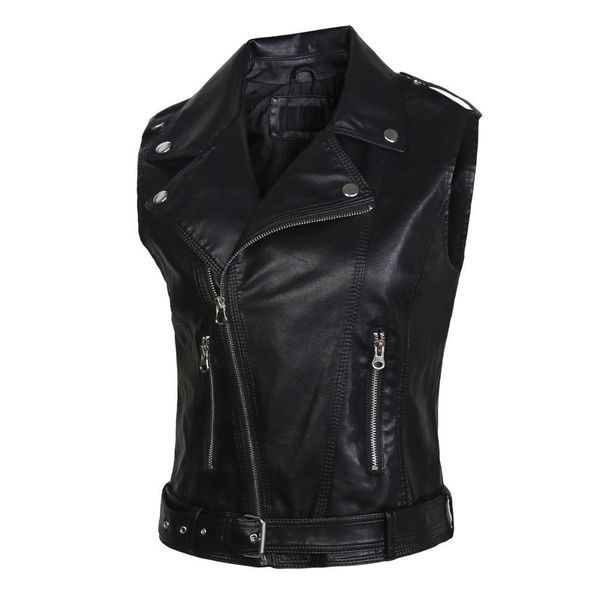

leather vests women fashion 2019 pu leather vest winter belt patterns motorcycle vest slim outerwear waistcoat jacket in stock, Black