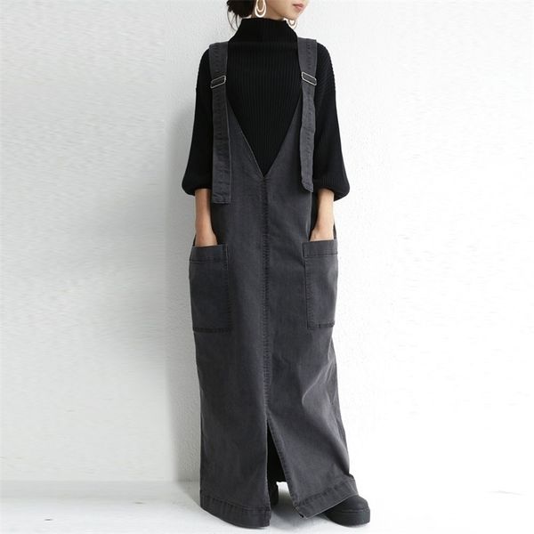 

fashion korean strap denim one-piece dresses fashion suspenders for women jeans long maxi dress plus size floor length y200805, Black;pink
