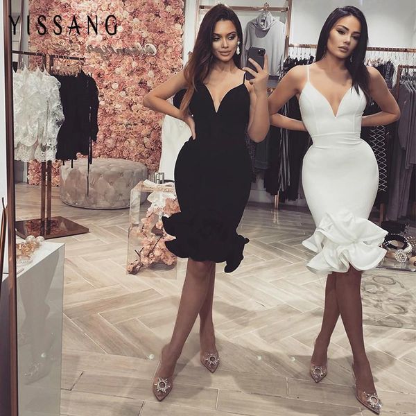 

yissang double layer ruffles party dress women strap deep v neck clubnight bodycon mini dresses femal summeer 2020 vintage, Black;gray