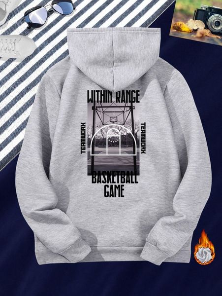 

men letter graphic thermal lined hoodie u7u9#, Black