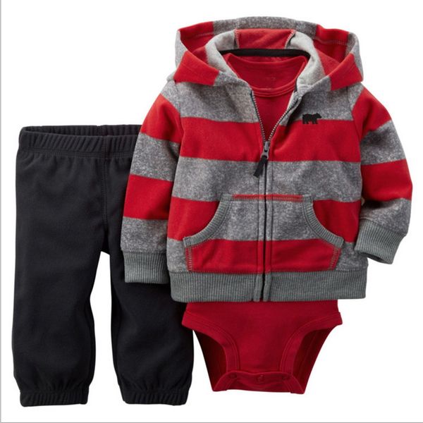 

wholesale 2021 spring new baby boys girls 3-pcs sets long sleeve romper+ hooded coat+pants suit kids clothes e2528, White