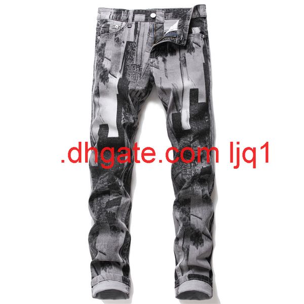

spring summer jeans men's elastic casual straight pants korean men's slim pants trend youth grey printed pants, Blue
