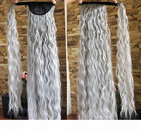

long one piece grey curly wavy clip in wrap around ombre ponytail hairpieces real human hair pony tail 120g 140g, Black