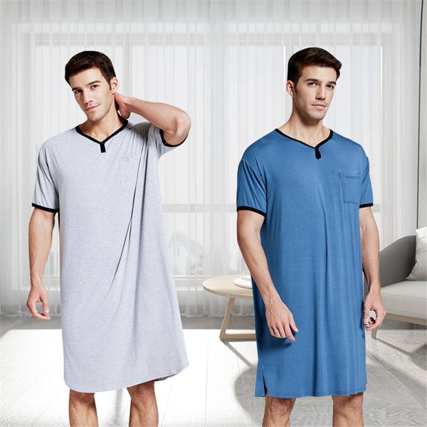 Neue Männer Schlaf Roben Pyjamas Kurzarm Solide Pyjamas Taschen Gemütliche Baumwolle Vintage Homewear Nachthemd Herren Bademäntel Männer Kleidung 201023