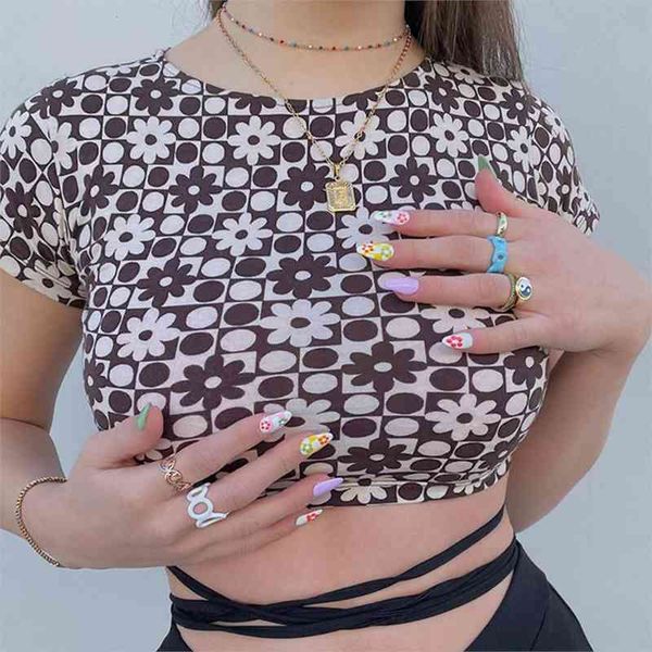 

vintage women y2k t-shirt summer brown flower o-neck crop kawaii korean cute outfits femme clothing ropa mujer, White