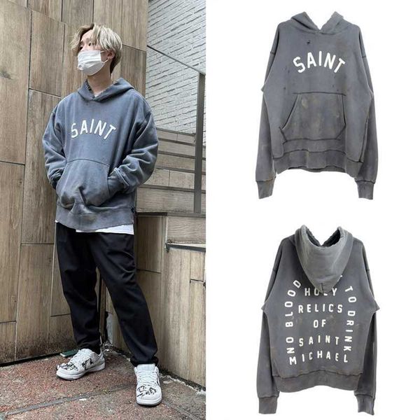 

men's hoodies saint michael alphabet print washed worn hole sweater high street hoodie couple fashion, Black