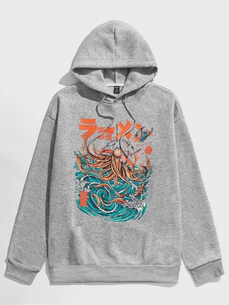 

romwe x ilustrata guys cartoon graphic drawstring hoodie q7q0#, Black