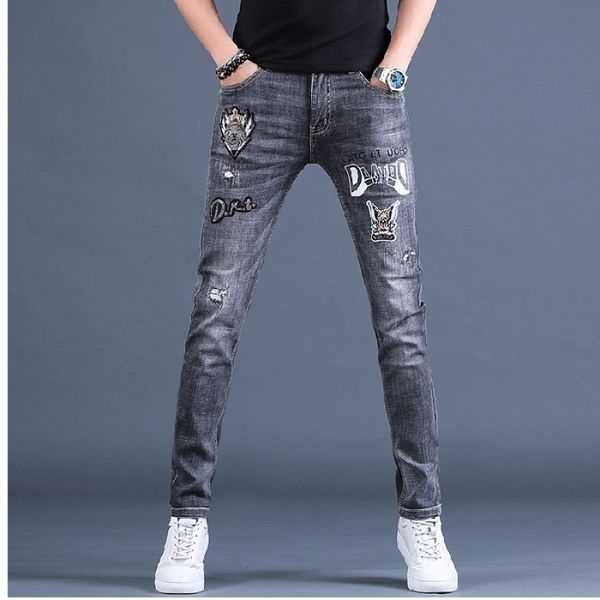 

bsavq 2020 spring men's high end elastic printed jeans casual pants jeansjeans and jeansmen's fashion brand slim pants casual embr, Blue