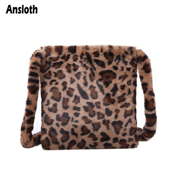 

ansloth leopard pattern crossbody bag warm faur fur handbags for women 2020 luxury soft plush bag winter new fashion lady hps975
