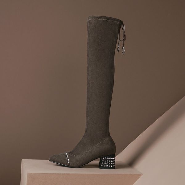 

2021 new crystal square heel pointed toe over the knee stretch fabrics lace up autumn winter women long boots size 34-41 p1xz, Black