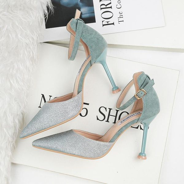 

2021 summer fashion women flock bling sandals closed toe glitter sandals 9.5cm blue nude thin high heels sandalias mujer, Black