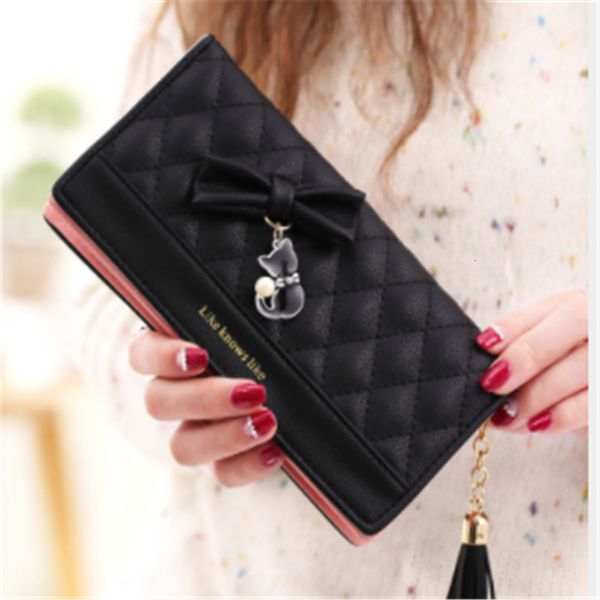 

women clutch female money bag leather long purse card holder coin phone wallet tassel bow cat pendant zipper purses, Red;black