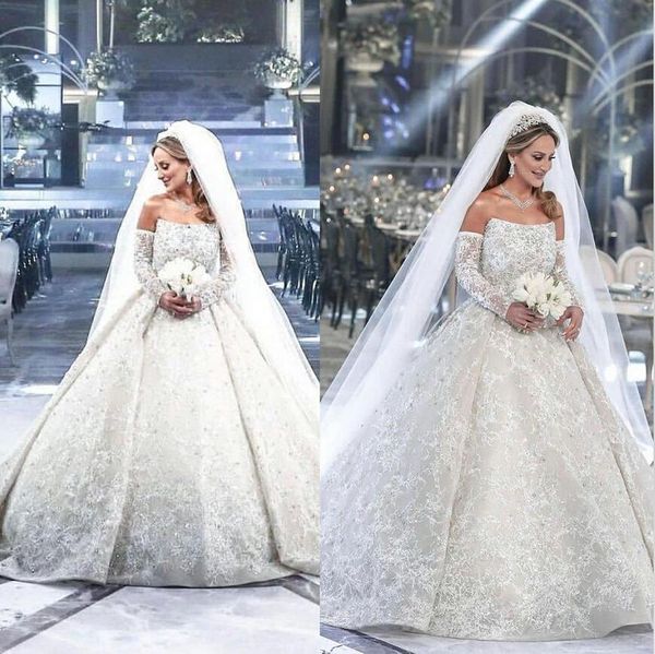 Arabia Saudita Abito da ballo con perline Abito da sposa con spalle scoperte Manica lunga rimovibile Lusso Paillettes in pizzo Appliques Abiti da sposa Abiti da sposa in cristallo