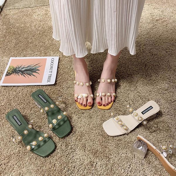 

clear transparent ladies shoes slippers female new summer women shoes woman mules square toe thick mid heels string bead slides1, Black