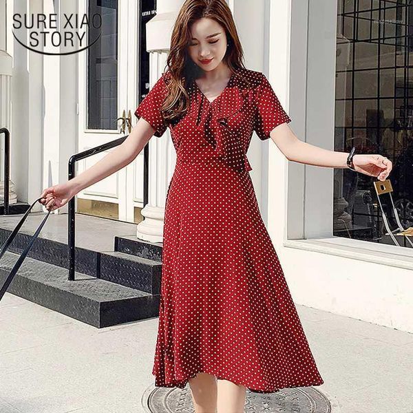 

casual dresses red party dress ruffles women polka dot korean stye v-neck temperament 2021 summer short sleeve vestidos 8834 501, Black;gray