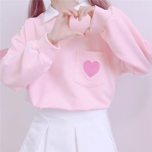 

new autumn women new japanese loose pullover cute heart embroidery pocket stitching polp collar kawaii pink sweatshirt, Black
