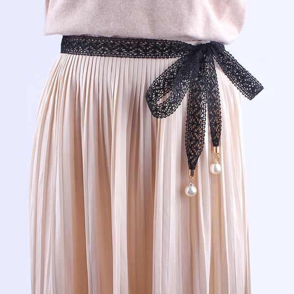 

women fashion lace hollow girdle thin pearl rope for dresses tassel waistband belt knot decorated narrow ribbon black, Black;brown