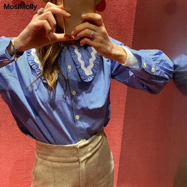 

mosimolly trendy blue plaid blouses shirt peter pan collar gingham blouses shirt female blusas, White