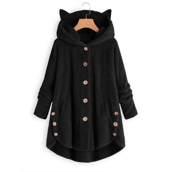 

women warm fluffy coat winter casual loose solid button fleece female hooded teddy bear coat plus size winter outwear dropshipp, Black
