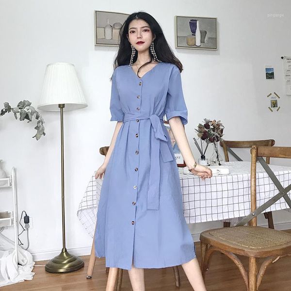 

casual cotton dress women 2020 autumn new arrivals fashion half sleeve button shirt dresses ladies long dress with belt blue1, White;black