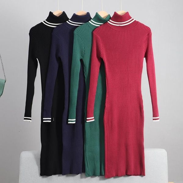 

striped women long knit maxi sweater dress elegant blue yellow ribbed bodycon dress fall winter turtleneck pull dresses, Black;gray