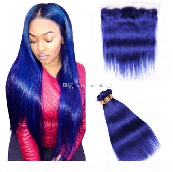 

blue peruvian straight human hair 3 bundles with lace frontal deals pure color dark blue human hair with lace frontal, Black;brown