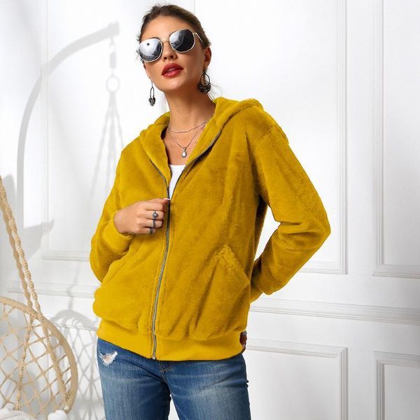 

two pocket long sleeve zipper linner soft nap winter women hat coat hoodie faux fur hooded jacket plus size xxl 3xl1, Black