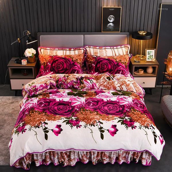 

double-sided flannel rose flower sea bedding set young winter duvet cover with skirt sheet pillowcase twin full  size1