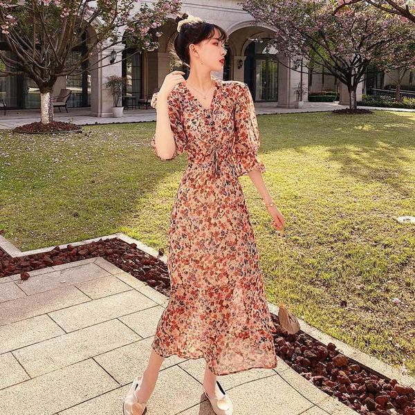 

v-neck floral dress women dresses summer 2020 long chiffon women dress plus size1, Black;gray