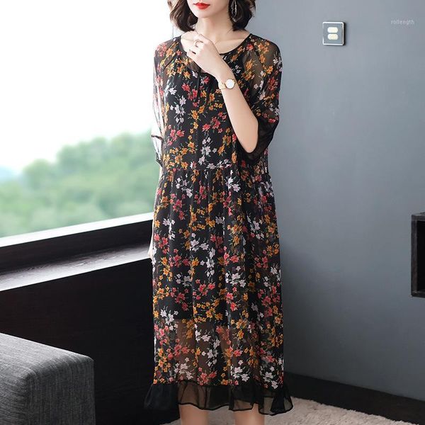 

real silk dress women summer dress korean fashion print midi elegant vintage party vestido mujer p8102 yy25821, Black;gray
