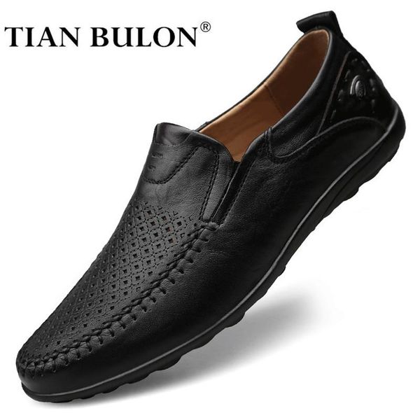 

italian men casual shoes summer genuine leather men loafers moccasins slip on men's flats breathable male driving shoes zapatos, Black