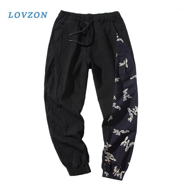 

lovzon man cotton linen pants mens summer ethnic style print patchwork pants male casual jogger trousers1, Black