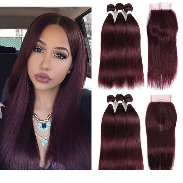

#99j colored human hair bundles with closure silky straight #99j dark wine red color brazilian hair weaves pre-colored hair extensions, Black;brown