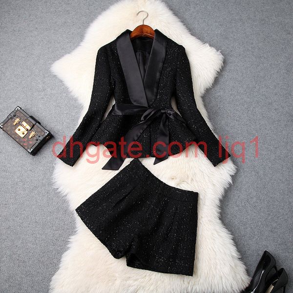 

european and american women's winter clothing new long sleeve a bow tie coat + shorts fashion tweed suit, White