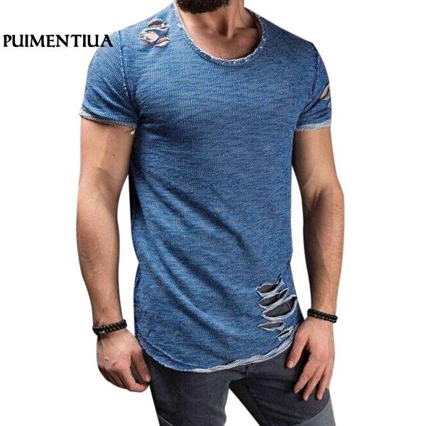 

puimentiua 4xl ripped o-neck short sleeve tee for male summer casual high street men t-shirt holes plus size camisetas hombre, White;black