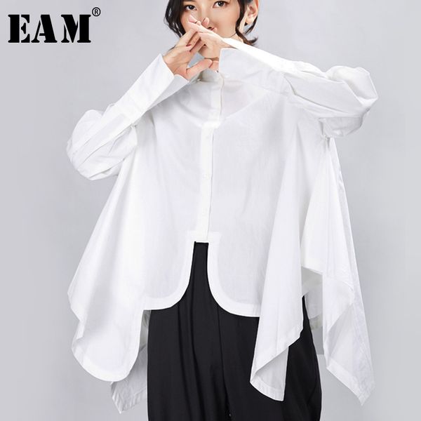 

[eam] women pleated big size irregular blouse new lapel long sleeve loose fit shirt fashion tide spring autumn lj200831, White