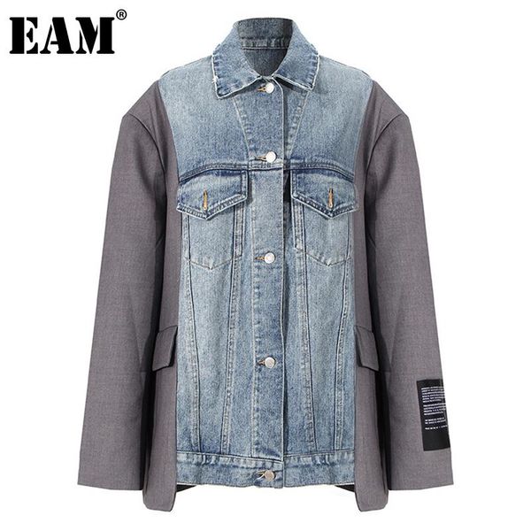 

eam] loose fit blue spliced denim irregular big size jacket new lapel long sleeve women coat autumn winter 2021 1dd0278, Black;brown